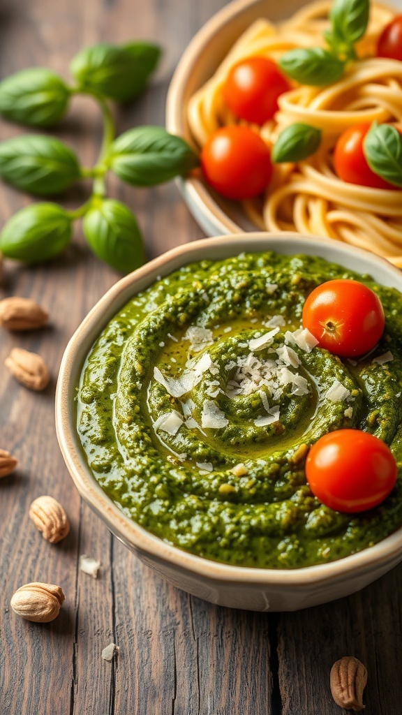 A bowl of green tomato leaf pesto with pasta, garnished with Parmesan and basil, on a wooden table.